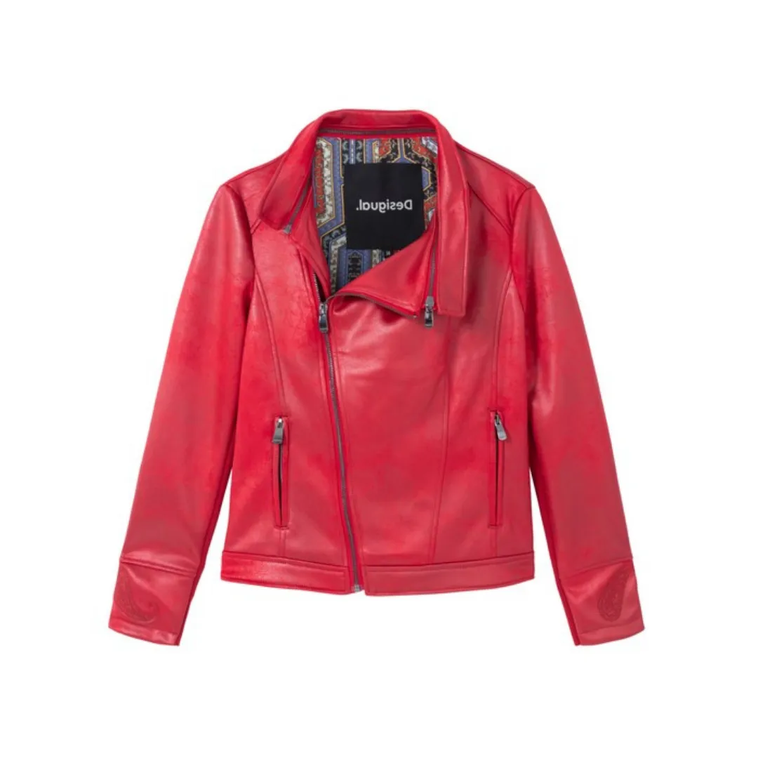 Slim Biker Jacket w/ Embroidery - Red