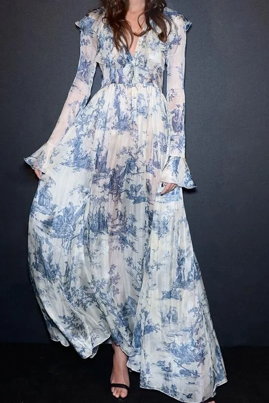 Séphora - Printed Silk Chiffon Maxi Dress with Ruffles