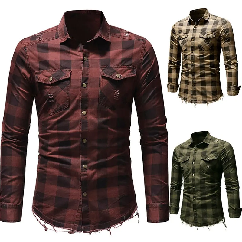 Spring New Mens Plaid Flannel Lumberjack Tartan Check Shirt Brushed Cotton Casual Shirts Fashion Streetwear With Two Pocket