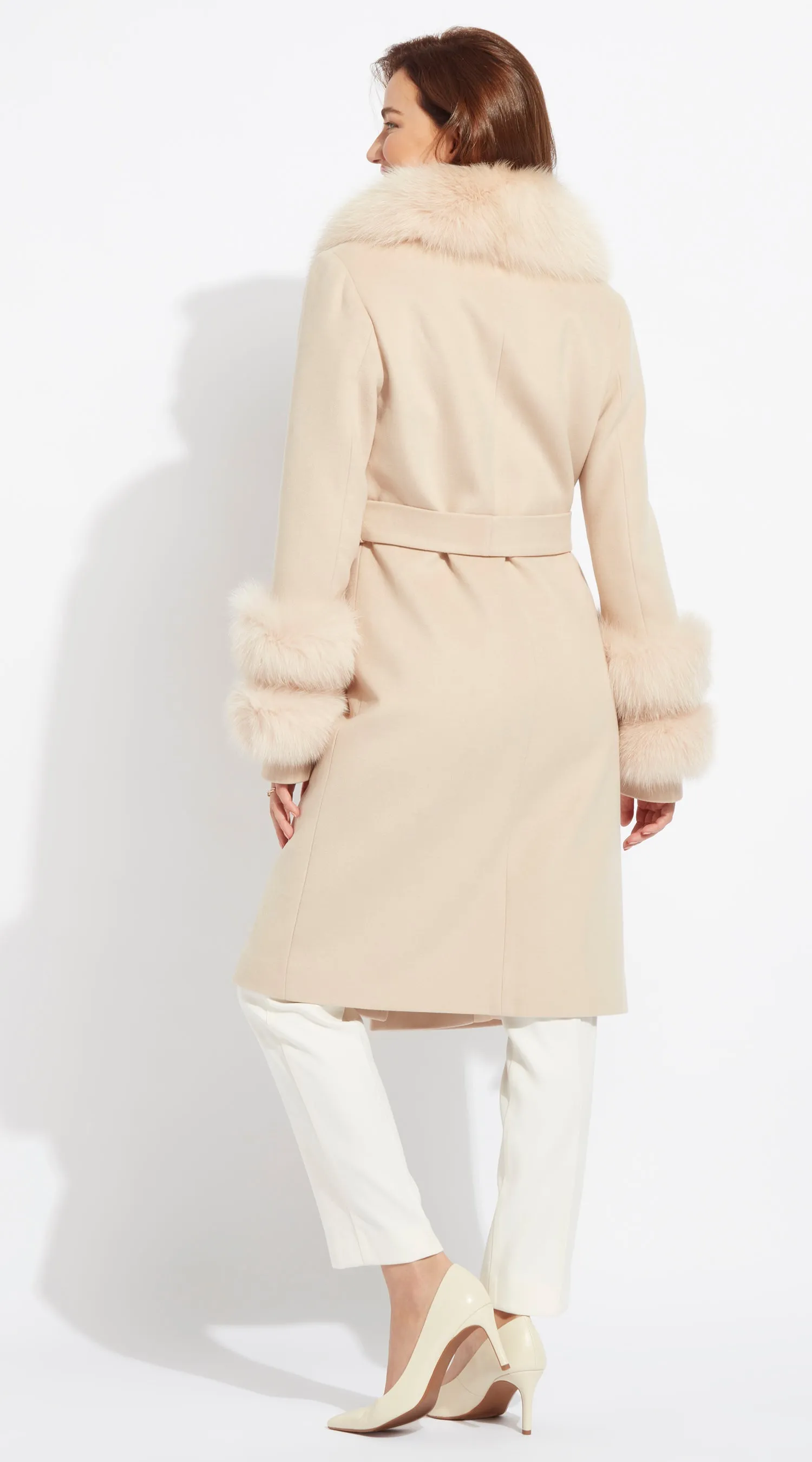 Supreme Luxy Cashmere & Fox Fur Belted Coat - Beige