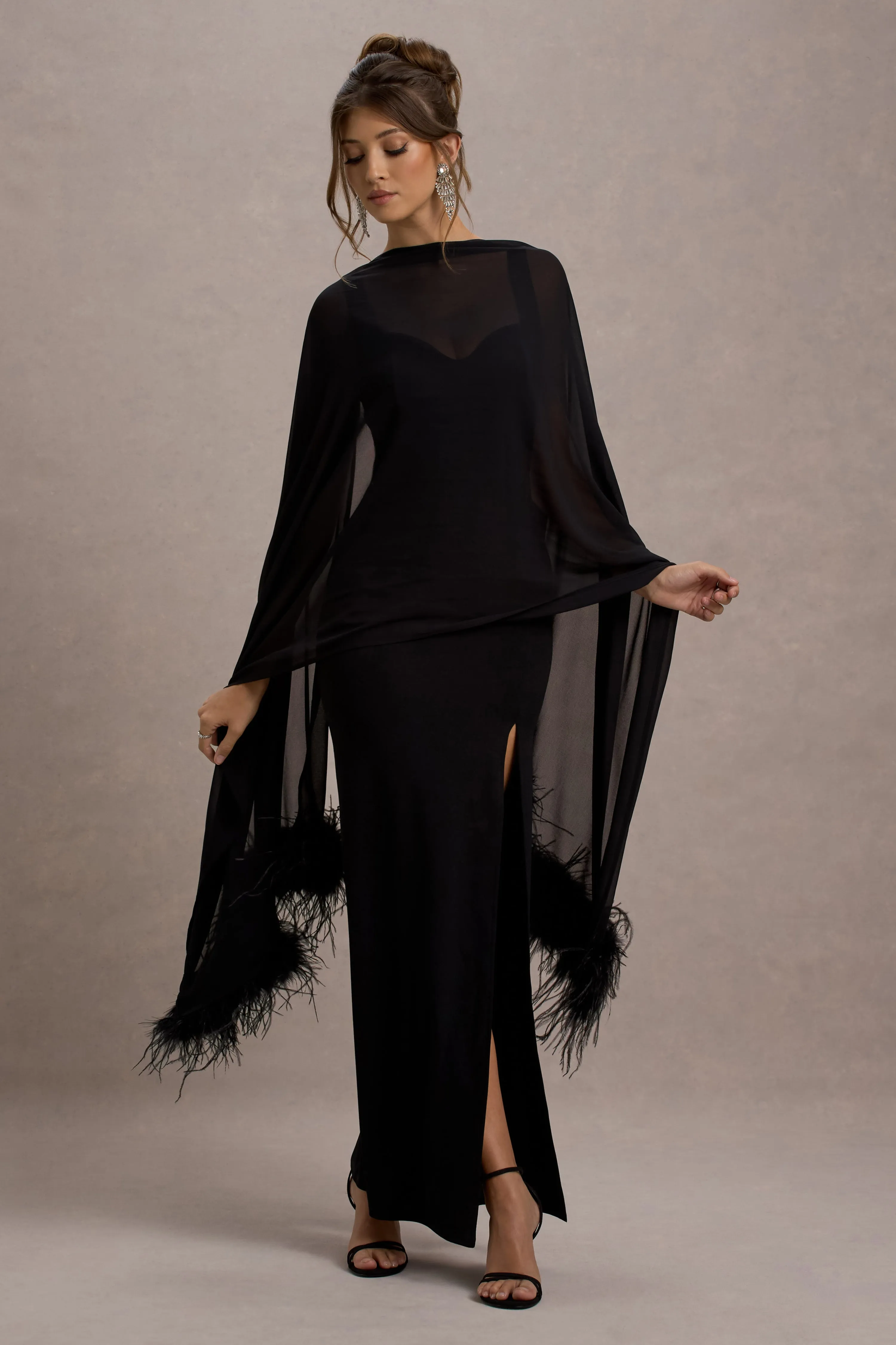 Swoon | Black Chiffon Feather-Trim Shawl