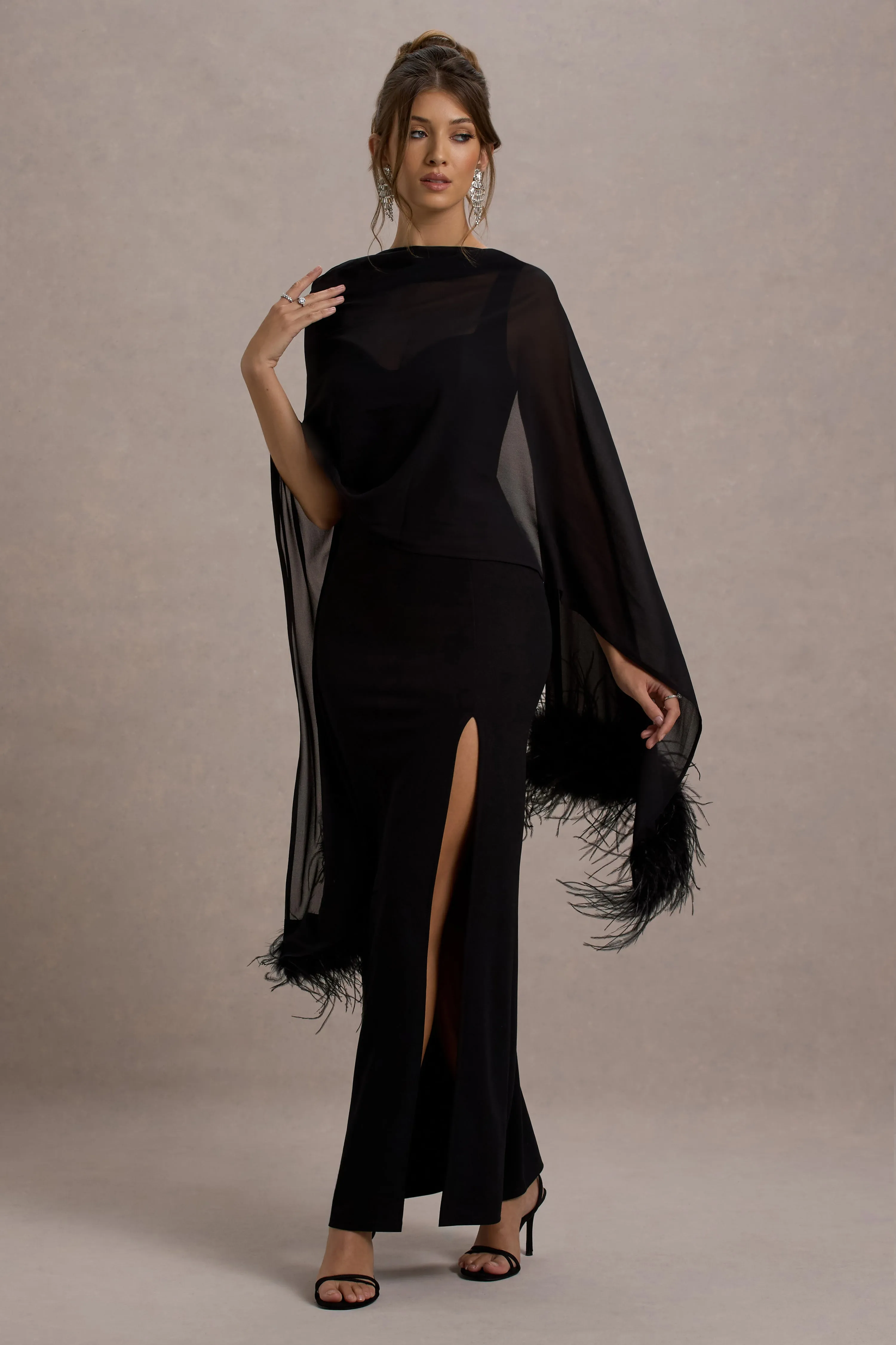 Swoon | Black Chiffon Feather-Trim Shawl