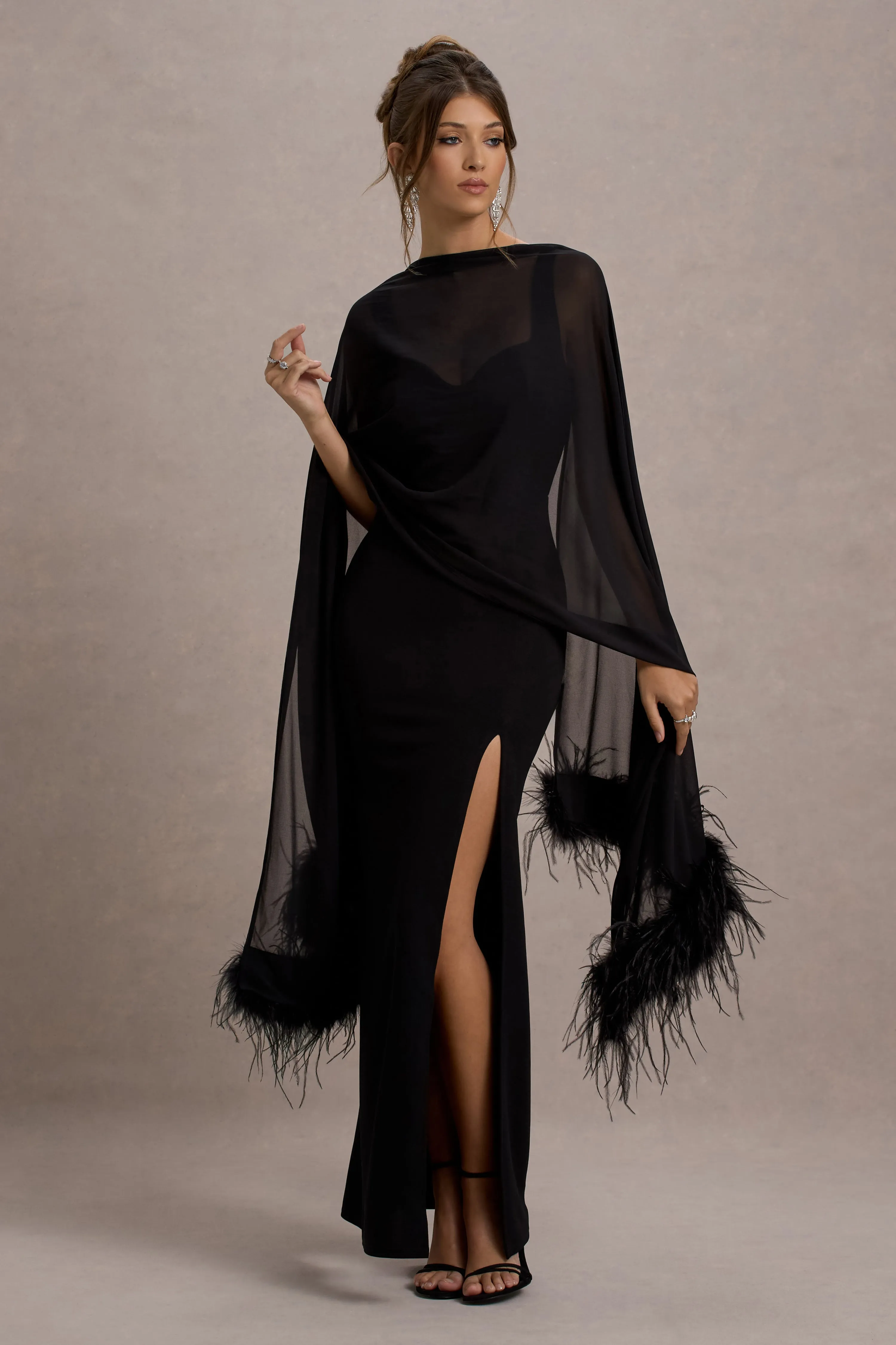 Swoon | Black Chiffon Feather-Trim Shawl