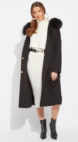 The Midi London Cashmere & Fox Fur Belted Coat - Black