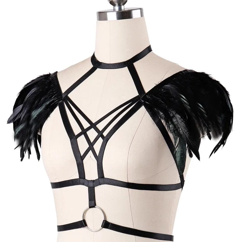 Victorian Cosplay Goth Feather Body Harness - Black (Style 12)