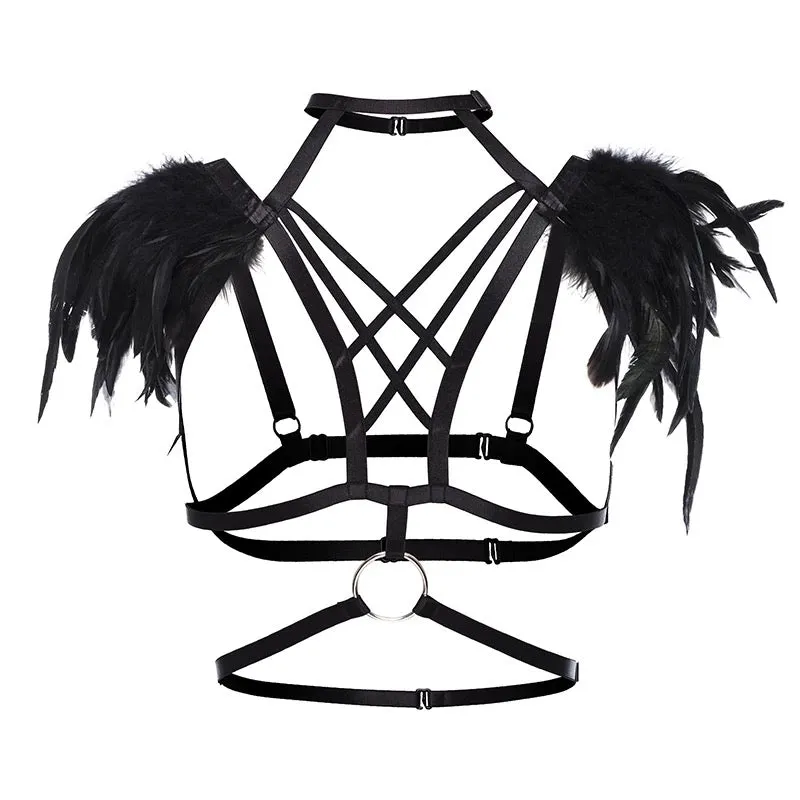 Victorian Cosplay Goth Feather Body Harness - Black (Style 12)