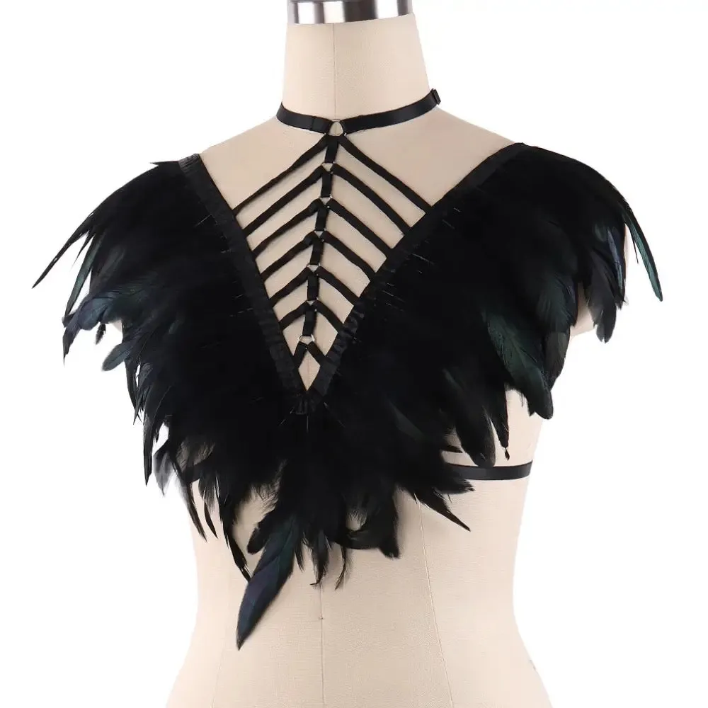 Victorian Cosplay Goth Feather Body Harness - Black (Style 14)