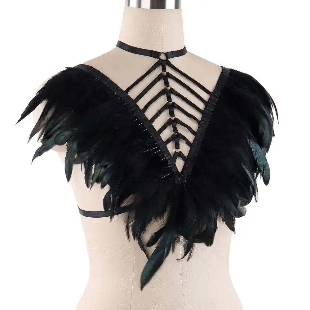 Victorian Cosplay Goth Feather Body Harness - Black (Style 14)