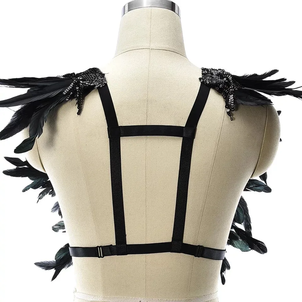 Victorian Cosplay Goth Feather Sequin Body Harness - Black (Style 1)