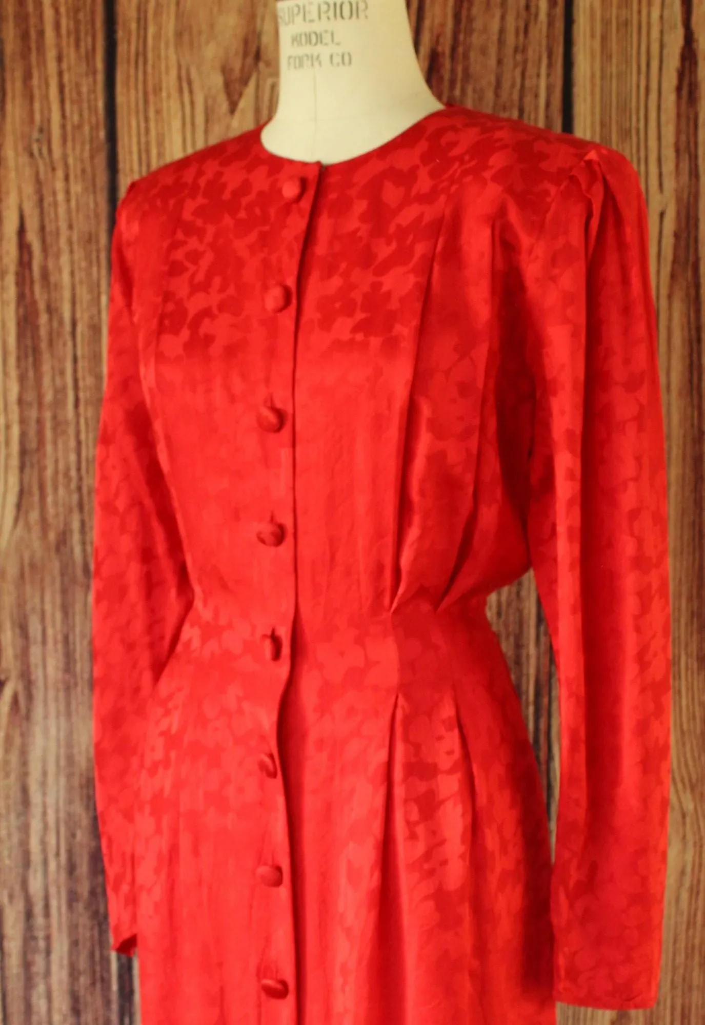 Vintage 1980's Papell Too Red Silk Satin Secretary Dress