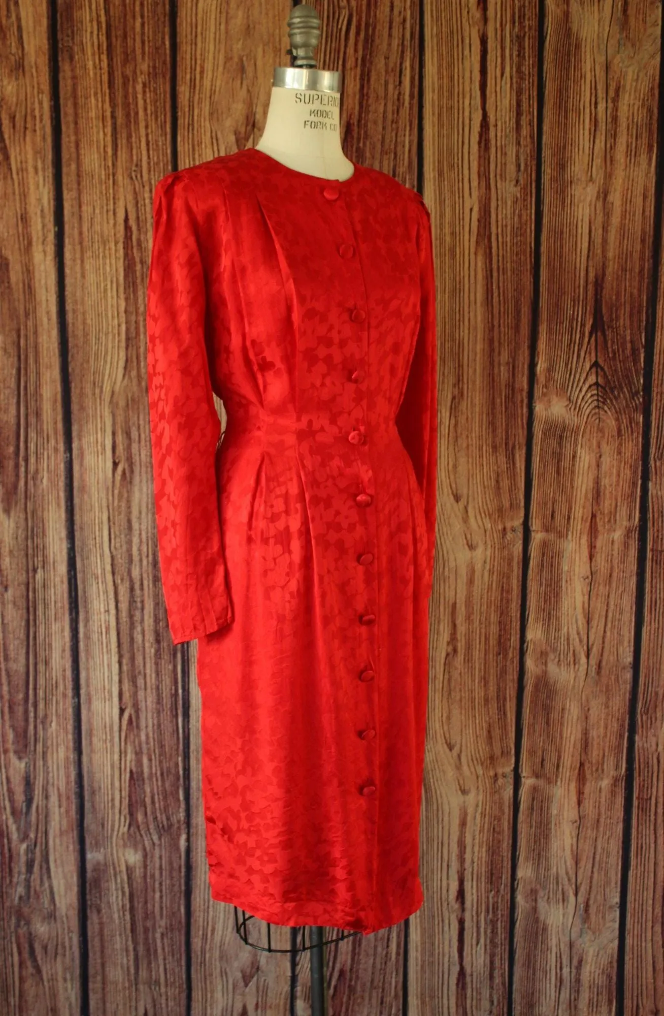 Vintage 1980's Papell Too Red Silk Satin Secretary Dress