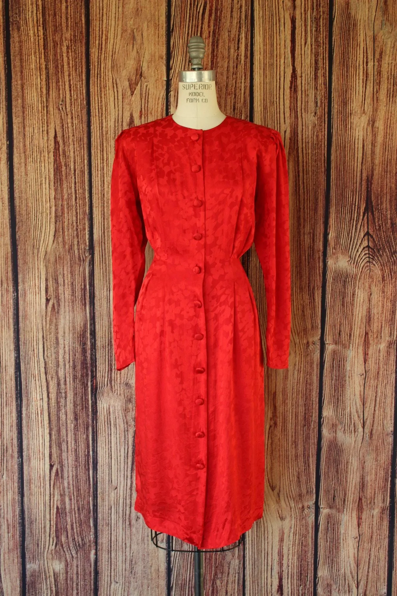 Vintage 1980's Papell Too Red Silk Satin Secretary Dress