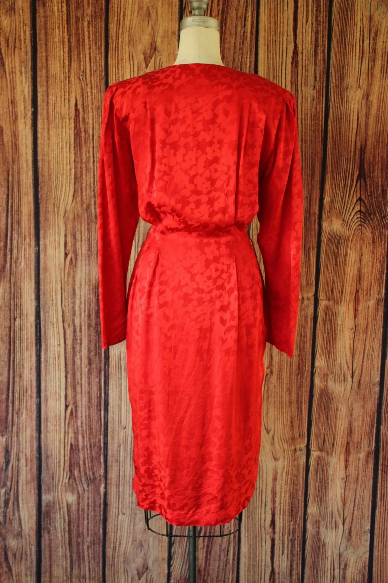 Vintage 1980's Papell Too Red Silk Satin Secretary Dress