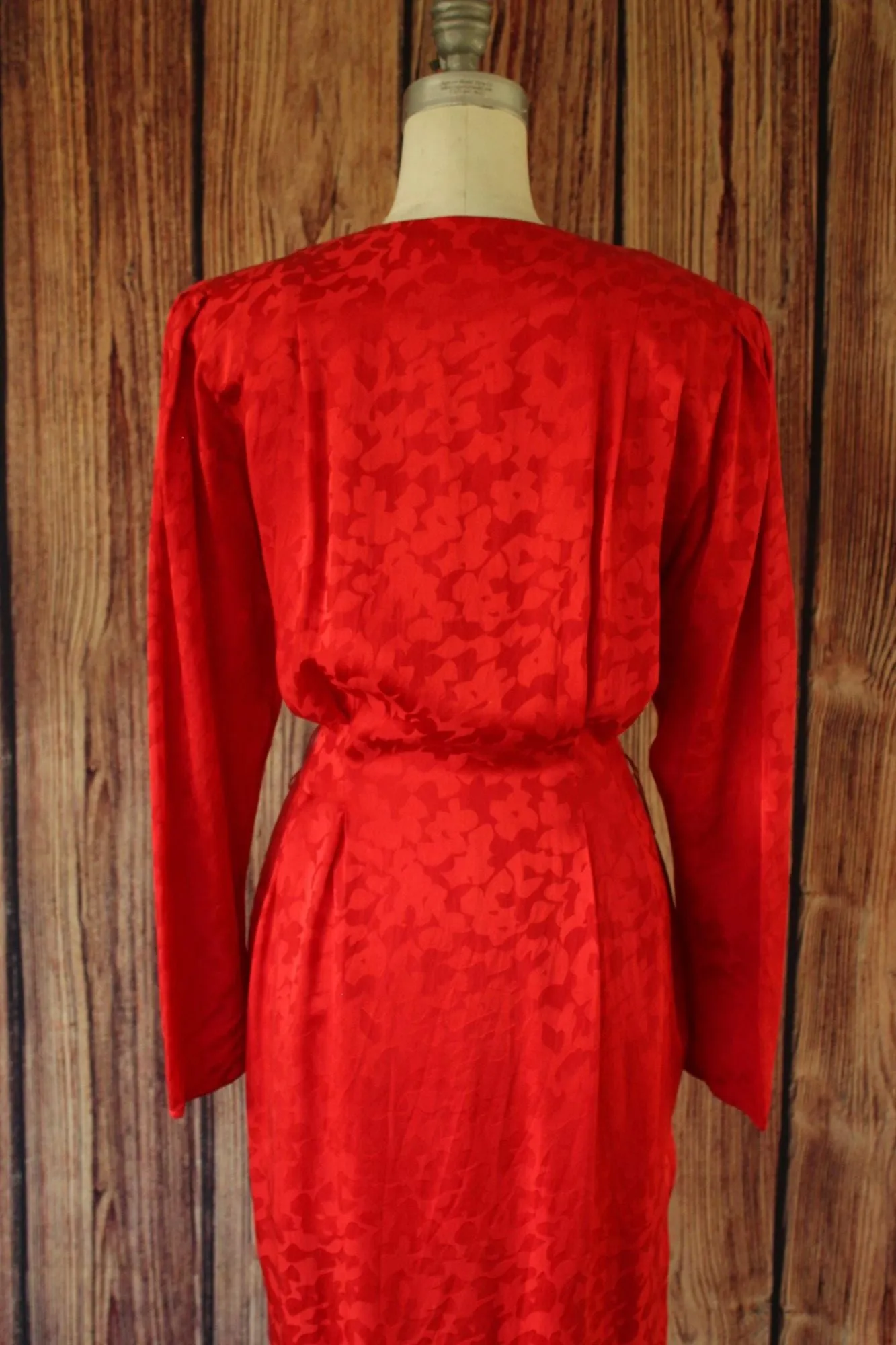 Vintage 1980's Papell Too Red Silk Satin Secretary Dress