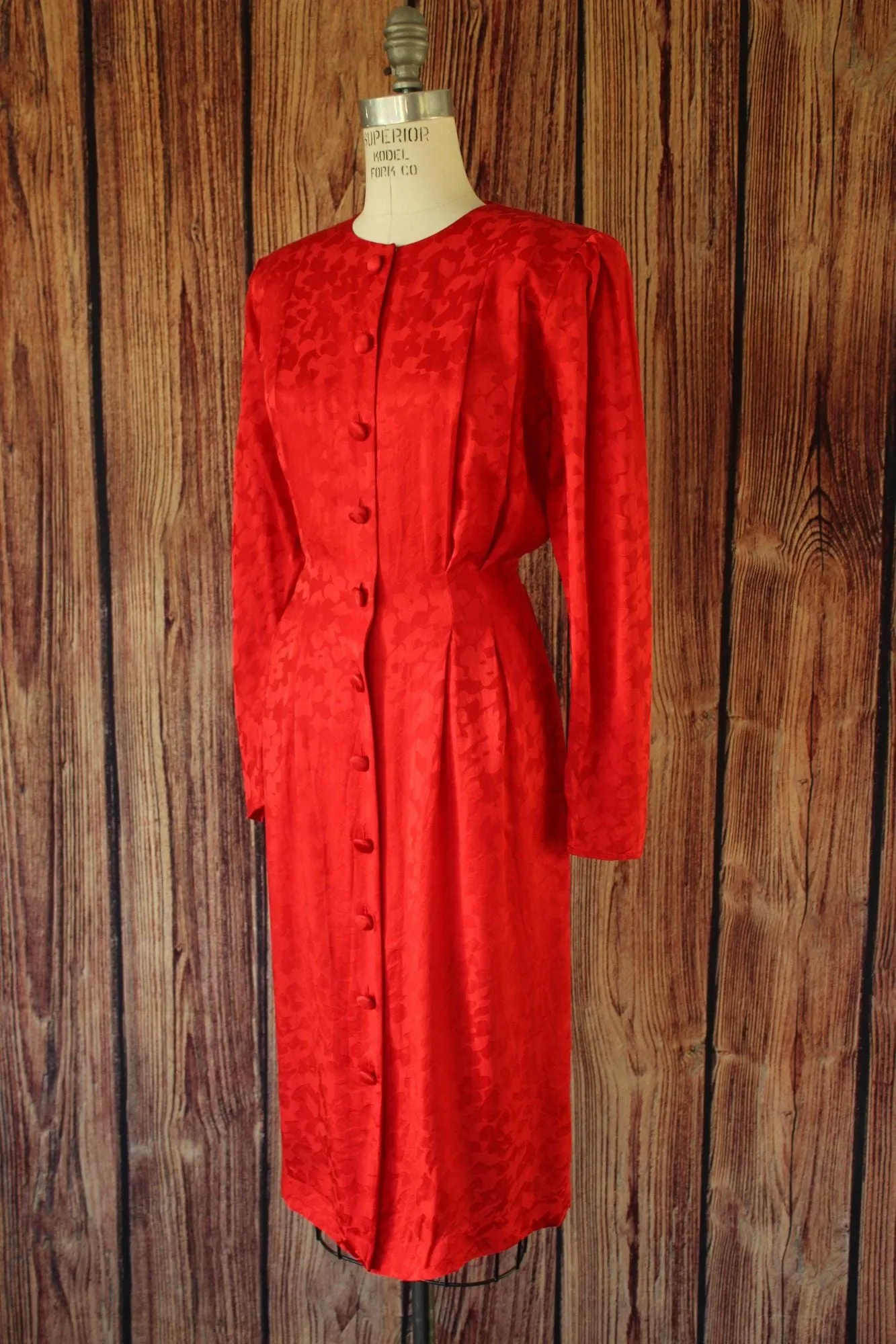 Vintage 1980's Papell Too Red Silk Satin Secretary Dress