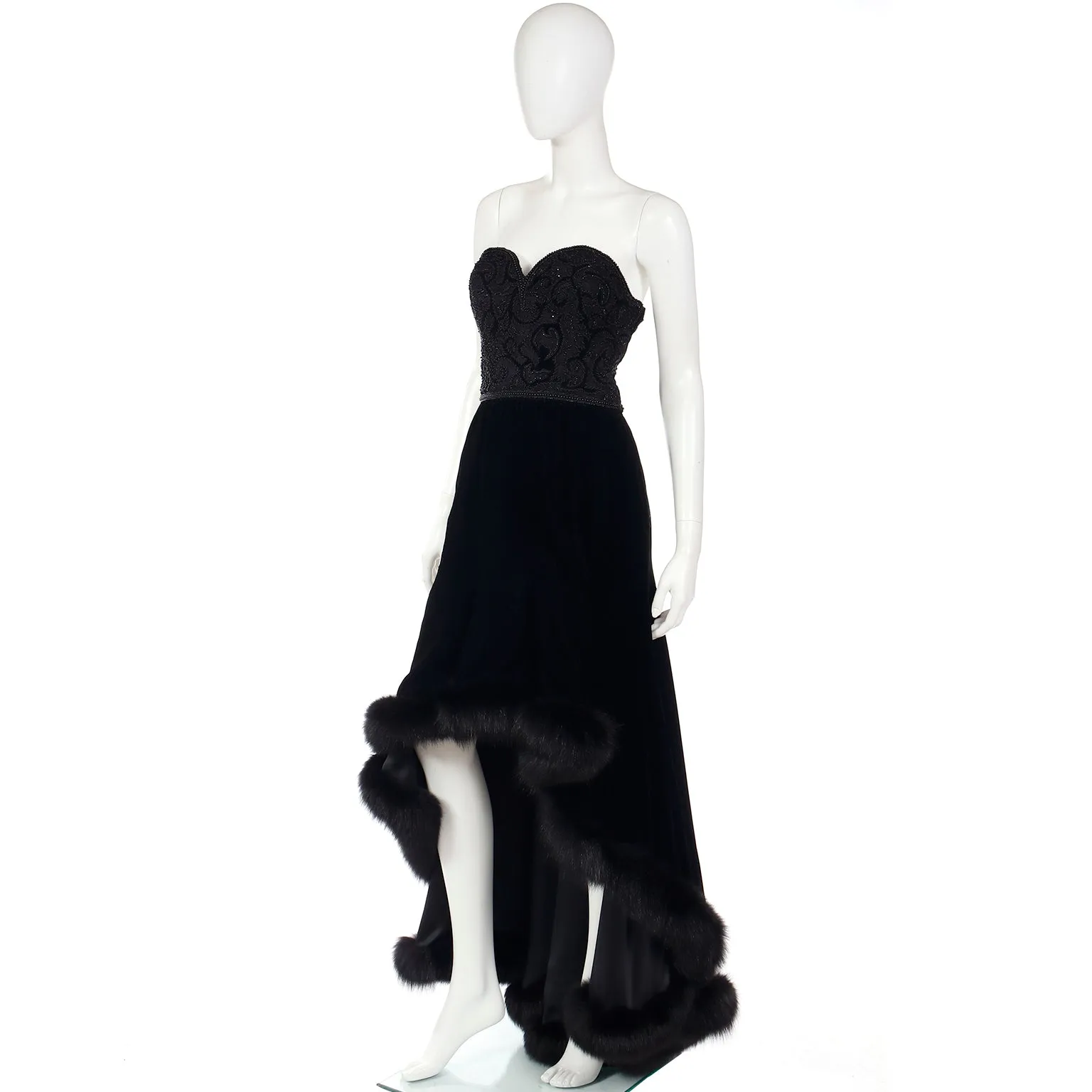 Vintage Couture Black Velvet Strapless Evening Gown w/ Fur Trim