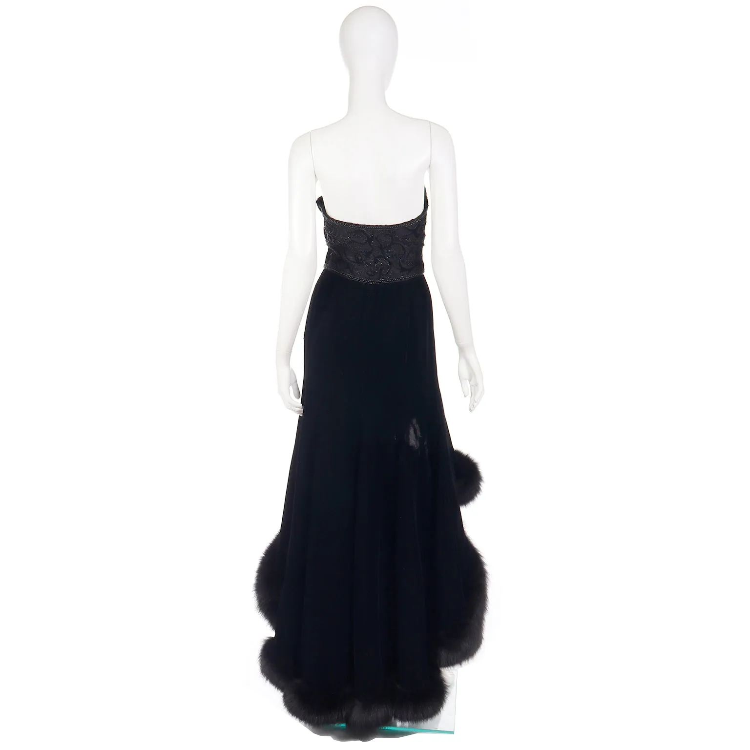 Vintage Couture Black Velvet Strapless Evening Gown w/ Fur Trim