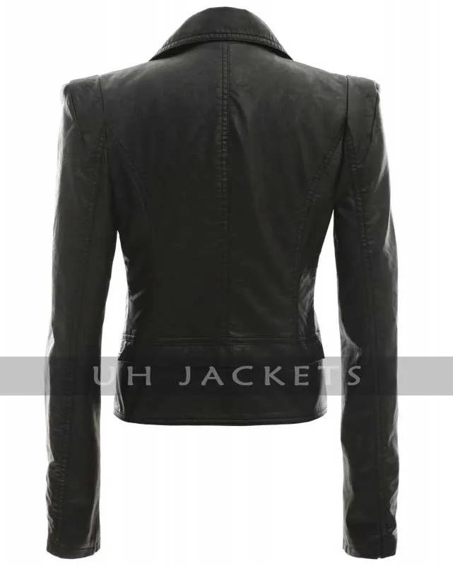 Women Power Shoulder Black Leather Jacket