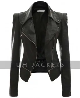 Women Power Shoulder Black Leather Jacket