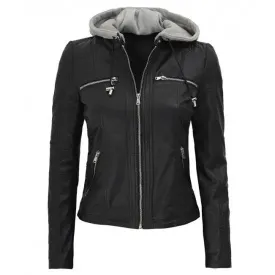 Women's Black Genuine Leather Hoodie Jacket