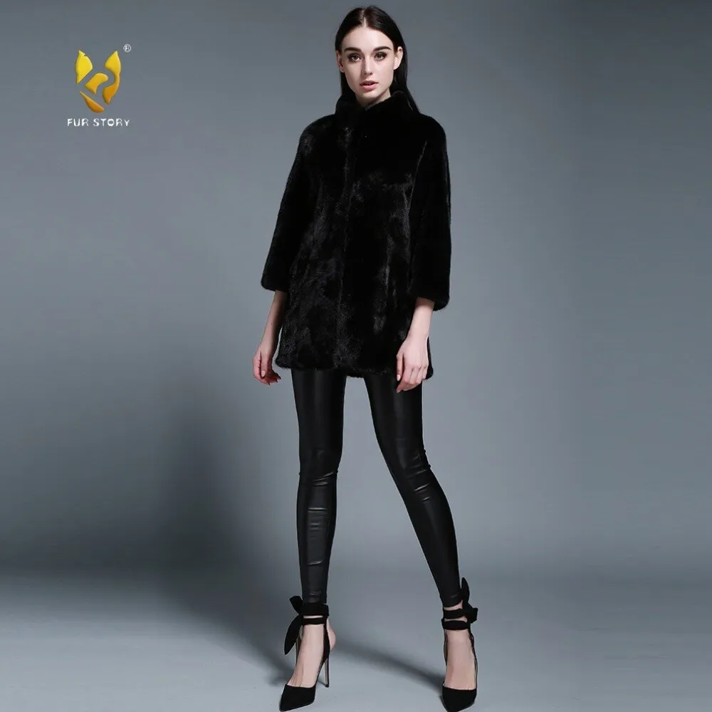 Women's Genuine Mink Fur Coat Women Pure Black Color Outerwear 161205