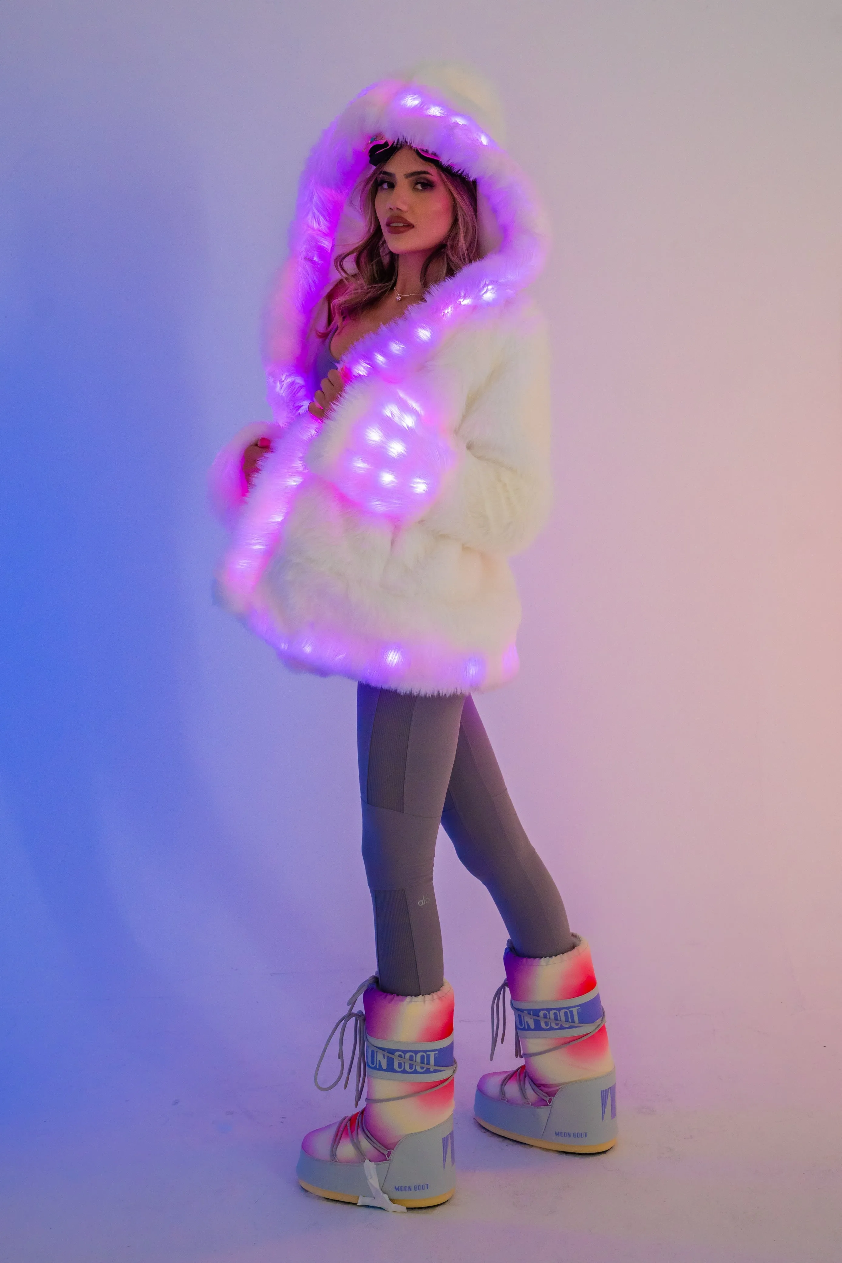 Women's LED Petite Playa Coat in "White Faux Fur "