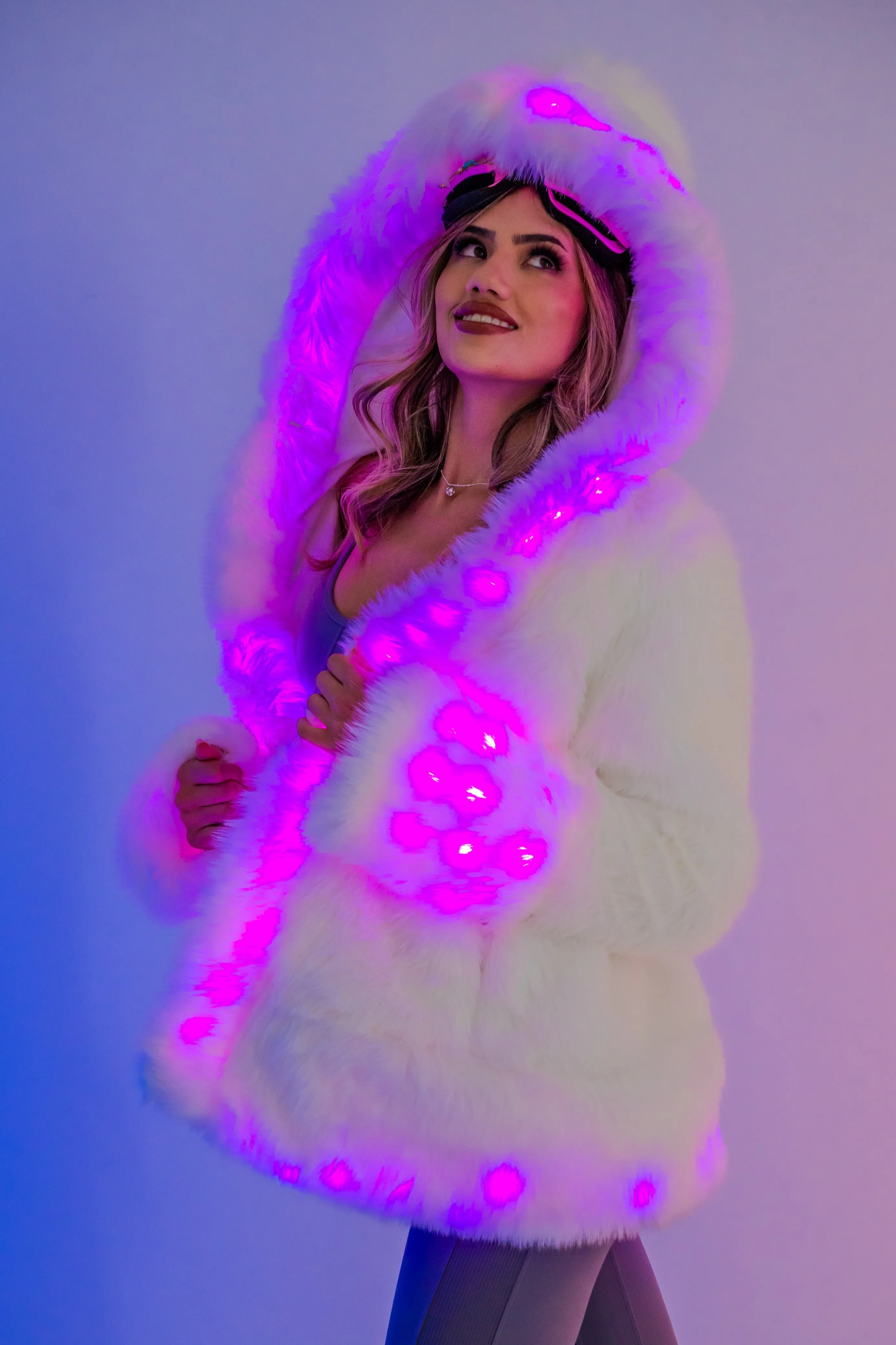 Women's LED Petite Playa Coat in "White Faux Fur "