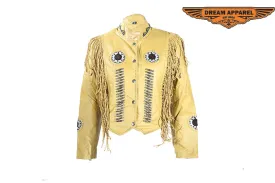 Women's Mustard Yellow Leather Jacket With Beads, Studs, Bone & Fringe