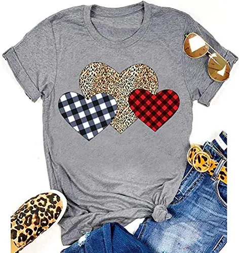 Ykomow Womens Valentine Shirts Leopard Valentine's Day T Shirt Plaid Love Heart G