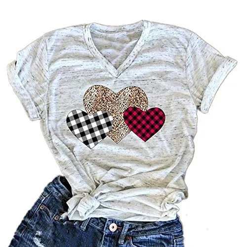 Ykomow Womens Valentine Shirts Leopard Valentine's Day T Shirt Plaid Love Heart G